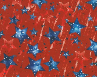Patriotic Stars Fabric, Shooting Stars on Red Stars and Stripes by RK Studios for Robert Kaufman Quilting Cotton Fabric SRKD-23431-3