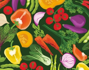 Vegetable Fabric, Packed Vegetables on Green by Camelot Quilting Cotton Fabric, Carrot Fabric, Garden Fabric, Cucumbers Fabric, 58231001-02
