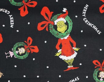 Grinch Fabric, Grinch Wreath Toss on Black by Robert Kaufman Novelty Cotton Fabric, How the Grinch Stole Christmas