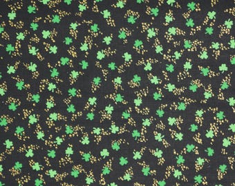 Mini Shamrock Fabric, Ditsy Shamrocks on Black with Gold Glitter by Fabric Traditions Quilting Cotton Fabric, Tiny Shamrock Fabric