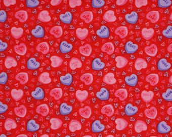 Candy Hearts Fabric, Candy Hearts on Red Valentine's Day Novelty Cotton Fabric, Conversation Hearts Fabric