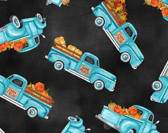 Fall Blue Truck Fabric, Tossed Blue Autumn Trucks by Timeless Treasures Quilting Cotton Fabric GAIL-CD1426