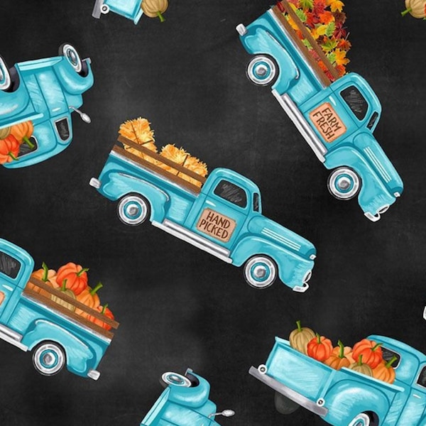 Fall Blue Truck Fabric, Tossed Blue Autumn Trucks by Timeless Treasures Quilting Cotton Fabric GAIL-CD1426