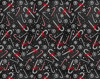 Candy Cane Fabric, Candy Cane and Snowflakes by Gail Cadden for Timeless Treasures Quilting Cotton Fabric, CD2039-BLACK