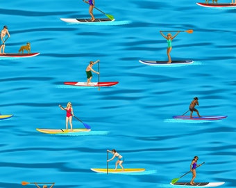 Paddle Board Fabric, Summer Sports Fabric, People Paddle Boarding on Blue Waves by Timeless Treasures Quilting Cotton Fabric
