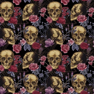 Skulls Fabric, Skulls and Floral Fabric, Black Skulls and Floral Bones Collection by Melissa Wang for Studio E Quilting Cotton Fabric