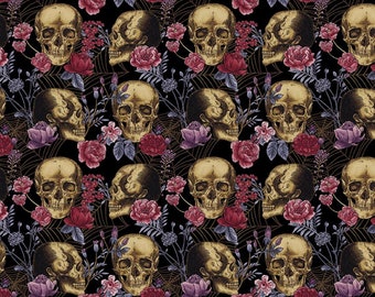 Skulls Fabric, Skulls and Floral Fabric, Black Skulls and Floral Bones Collection by Melissa Wang for Studio E Quilting Cotton Fabric