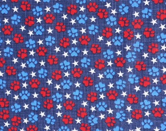 Patriotic Dog and Cat Paw Prints Independence Day 4th of July Novelty Cotton Fabric