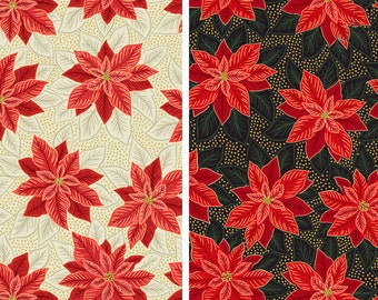 Poinsettia Fabric, Poinsettia on Cream or Black with Gold Metallic Accents by Lewis and Irene Quilting Cotton Fabric, Christmas Floral