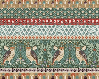 Woodland Animal Fabric, Woodland Cottage Core Border Stripe by Jessica Flick for Benartex Quilting Cotton Fabric 16374B-99