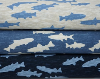 Fish Fabric, Fish on Cream Denim or Navy by Holly Thomas Stein for Wilmington Prints Quilting Cotton Fabric