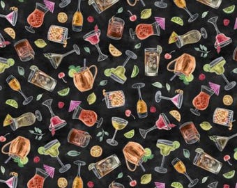 Craft Cocktail Fabric, Craft Cocktails on Black Chalkboard by Michael Miller Quilting Cotton Fabric, Happy Hour Fabric