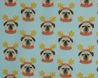 Bah Hum Pug, Reindeer Pug Life by Dear Stella Quilting Cotton Fabric, Funny Hat Christmas Dogs, Grumpy Dogs, Grumpy Christmas Pug