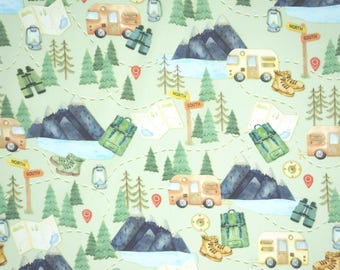 Camping Fabric, Camping Adventure on Green Live, Love, Camp Benartex Kanvas Studio Quilting Cotton Fabric, Scenic Camping, 14454-44B