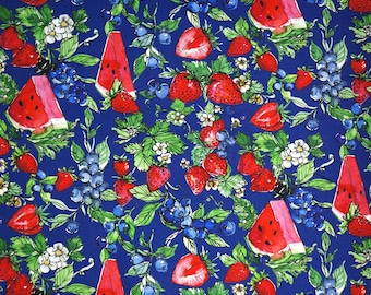 Strawberry and Blueberry Fabric, Berry Blossoms on Navy by Camelot Quilting Cotton Fabric, Summertime Fabric, Berry Fabric, 66230202-02