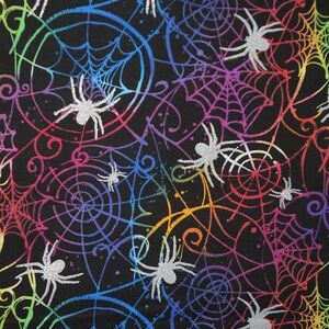 Glitter Spiders on Rainbow Webs by Fabric Traditions Novelty Cotton Fabric 16949-ZS