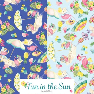 Pink Flamingos Paradise on Blue Fabric, Fun in the Sun Quilting Cotton Fabric by Kanvas Studio, Pink Flamingo Fabric, Beach Theme Fabric
