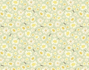 Floral and Bees Fabric, Tossed Flowers and Bees on Sage Home from the Sweet Home Collection by Timeless Treasures Quilting Cotton Fabric