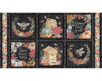 Fall Quilting Blocks Fabric, Harvest Blocks Panel on Charcoal Late Summer Harvest Collection by Blank Quilting Cotton Fabric, 24" Panel