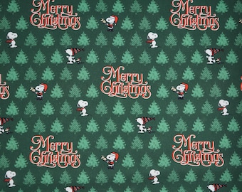 Peanuts Merry Christmas Snoopy Licensed Novelty Cotton Fabric, Peanuts Christmas Fabric, Green Snoopy Merry Christmas Fabric, Santa Snoopy