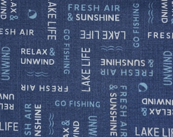 Lake Life Fabric, Word Toss on Denim Blue Lake Retreat Collection by PDR for Wilmington Prints Fabrics Quilting Cotton Fabric 59036-414