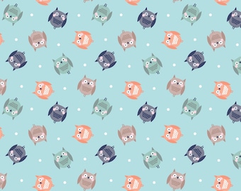 Owl Flannel Fabric, Cozy Owls Tossed on Sky Blue Cozy Forest by Kanvas Studio for Benartex Comfort Flannel Fabric, Nursery Flannel
