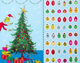 Grinch Panel Advent Calendar, Christmas Countdown How the Grinch Stole Christmas Licensed Quilting Cotton Fabric, Robert Kaufman