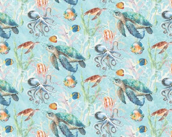 Turtle Fabric, Under the Sea World on Light Turquoise by Skyline Studio for Benartex Traditions Quilting Cotton Fabric, 16529-80B