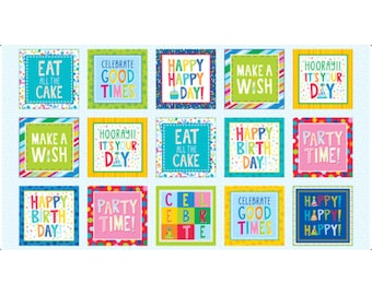 Happy Birthday Fabric, Celebration Blocks 24" Panel This Calls for Cake Collection by Emily Dumas for Henry Glass Quilting Cotton Fabric