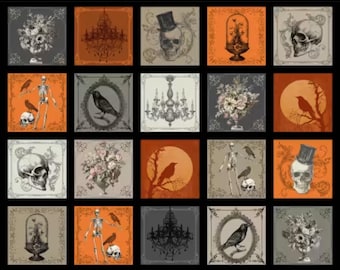 Gothic Halloween Squares Fabric, Mysterious Mansion 34.625" x 43" Boo-tiful Panel by Michael Miller Quilting Cotton Fabric, DCX12281-BLACK