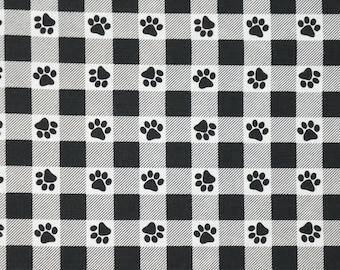 Buffalo Plaid Paw Print on Black and White Novelty Cotton Fabric, Dog Paw Fabric, Cat Paw Fabric,
