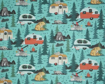 Camping Animals Fabric, Camping Friends on Blue Novelty Cotton Fabric, Retro Camper Fabric