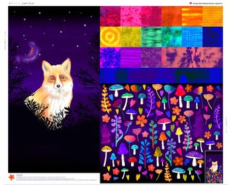 Magical Fox Project Panel by Delphine Brooks for Lewis and Irene Quilting Cotton Fabric, Appliqué Wall Hanging, Psychedelic Woodland