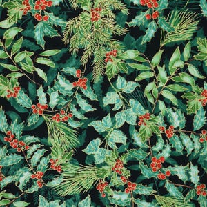 Holly Fabric, Holly and Berries on Black with Gold Metallic Accents Christmas Musical by Benartex Quilting Cotton Fabric 14028M-07B 画像 3