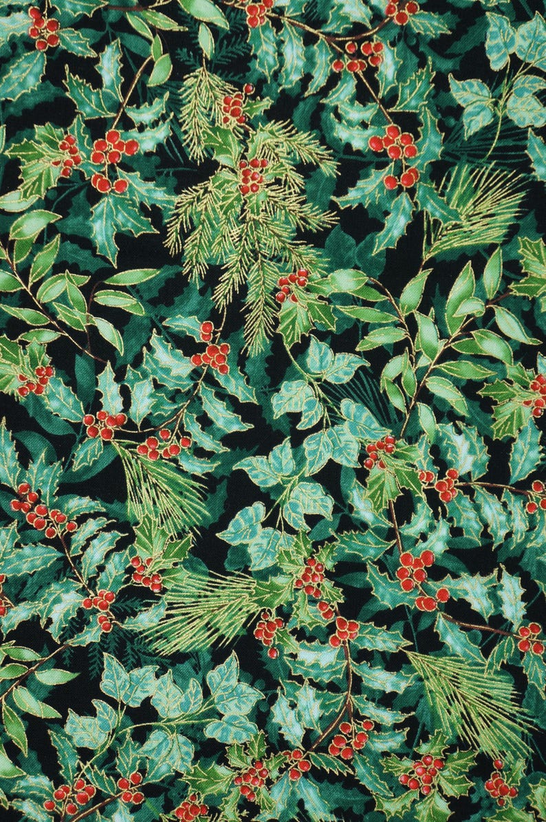 Holly Fabric, Holly and Berries on Black with Gold Metallic Accents Christmas Musical by Benartex Quilting Cotton Fabric 14028M-07B 画像 3