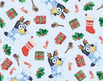 Bluey Christmas Fabric, Bluey and Bingo Wreaths on Light Green Licensed by Ludo Studios for Springs Creative Novelty Cotton Fabric