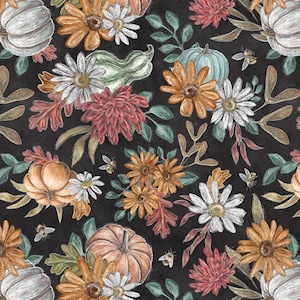 Pumpkins with Flowers Fabric, Pumpkins with Flowers on Charcoal Late Summer Harvest Collection by Blank Quilting Cotton Fabric Autumn Fabric