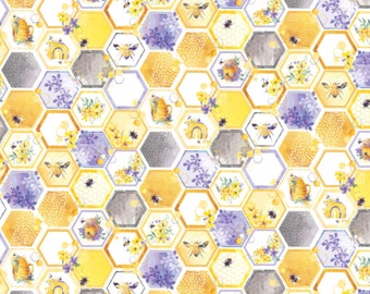 Honey Bee Fabric, Multi Honey Grove Hexies Welcome to our Hive Collection by Camelot Quilting Cotton Fabric, Puple and Yellow Hexies