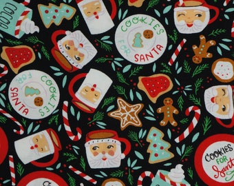 Santa Cookies and Milk on Black by Robert Kaufman Quilting Cotton Fabric, Cookies for Santa, AMF D#74194