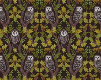Owl Fabric, Wise Owls on Dark Oak Brown Old Quercus by Lewis and Irene Quilting Cotton Fabric A932.C