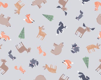 Woodland Animal Flannel Fabric, Cozy Animals Tossed on Gray Cozy Forest by Kanvas Studio for Benartex Comfort Flannel Fabric, Nursery