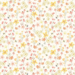 Floral and Bees Fabric, Flying Bee and Florals on Cream from the Home Sweet Home Collection by Timeless Treasures Quilting Cotton Fabric