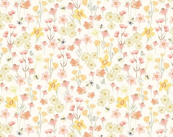 Floral and Bees Fabric, Flying Bee and Florals on Cream from the Home Sweet Home Collection by Timeless Treasures Quilting Cotton Fabric