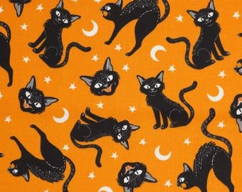 Halloween Cat Fabric, Cats on Orange Glow in the Dark Halloween Novelty Cotton Fabric