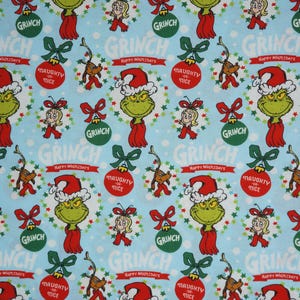 The Grinch Holiday Ornaments on Blue Dr. Seuss How the Grinch Stole Christmas Licensed Quilting Cotton Fabric, Robert Kaufman ADE-20278-223