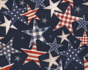 Patriotic Star Fabric, Patterned Stars and Stripes on Rustic Navy by Beth Albert for 3 Wishes Quilting Cotton Fabric