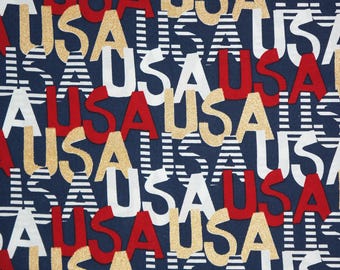 Patriotic 4th of July USA Fabric on Navy Novelty Cotton Fabric, USA Glitter Fabric