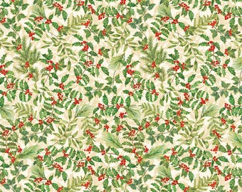 Holly Fabric, Holly and Berries on Cream with Gold Metallic Accents Christmas Musical by Benartex Quilting Cotton Fabric 14028M-07B