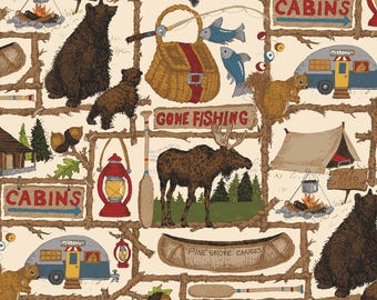 Camping Fabric, Pine Grove Main on Putty Cream by Riley Blake Designs Quilting Cotton Fabric Bears Camping Fabric, C15930-PUTTY