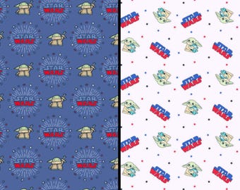 Patriotic Star Wars Fabric, 4th of July Baby Yoda Fabric by Camelot Licensed Cotton Fabric, Patriotic Character Fabric, Mandalorian Fabric